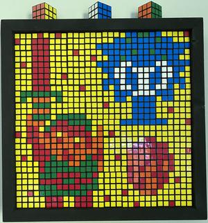 Rubik's cubes as pixel art of Link and an Octorok from Legend of Zelda