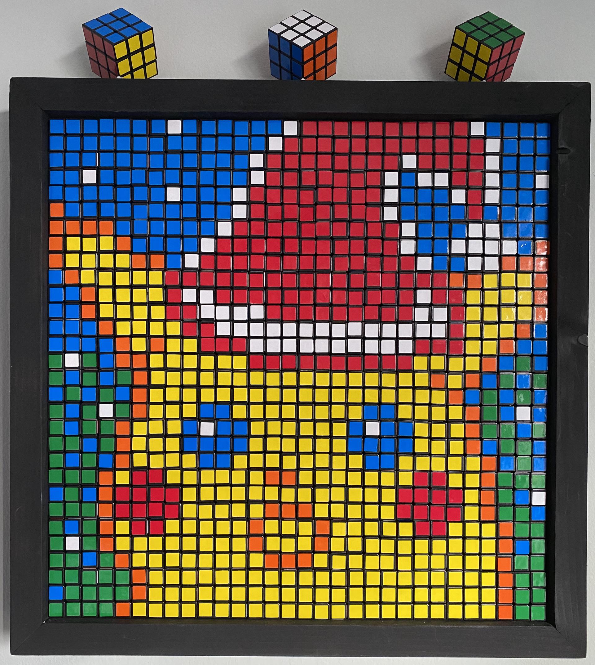 Rubik's cubes as pixel art of Wow Pikachu wearing a Santa hat
