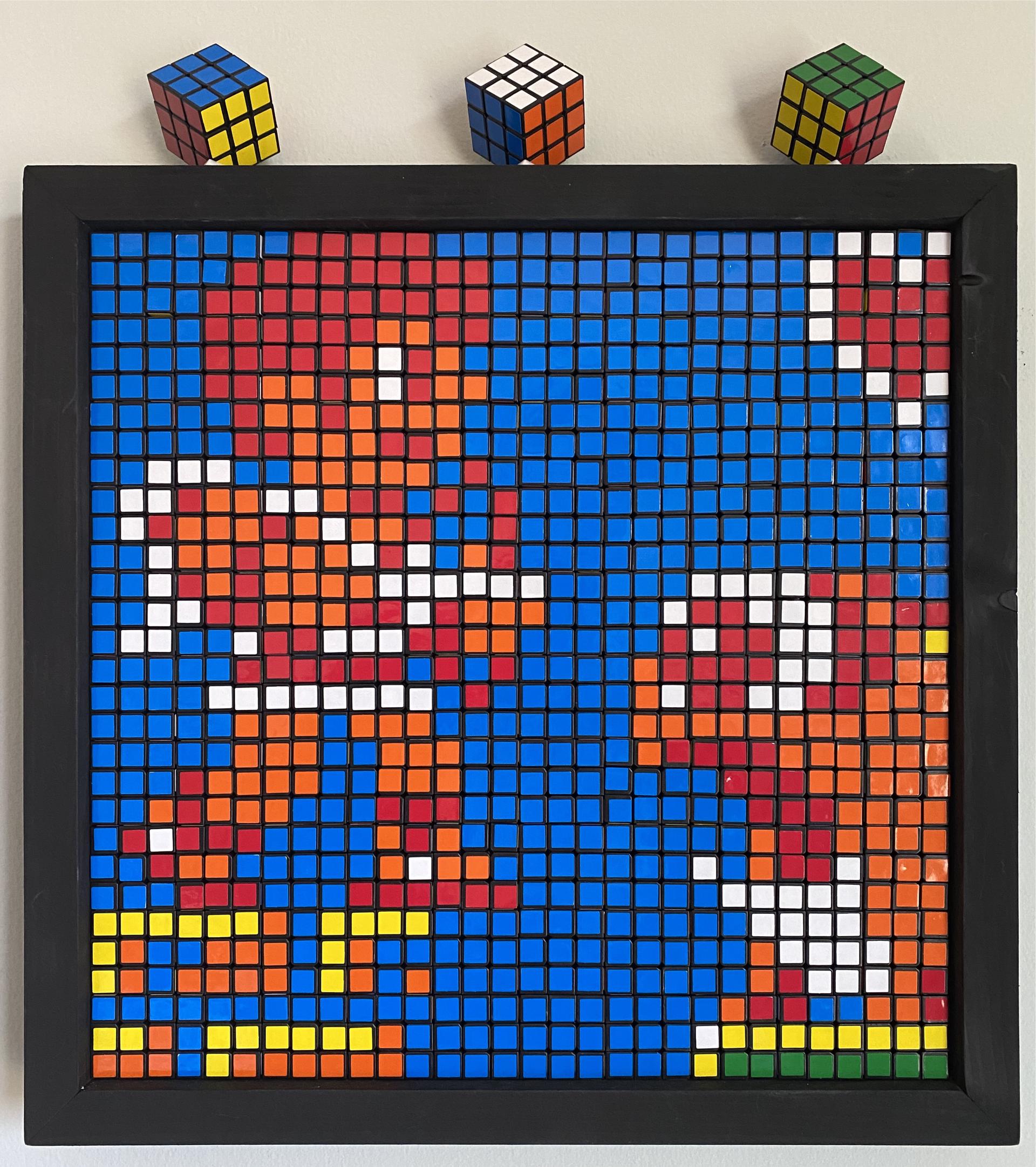 Rubik's cubes as pixel art of Pit from Kid Icarus with a Nettle and heart