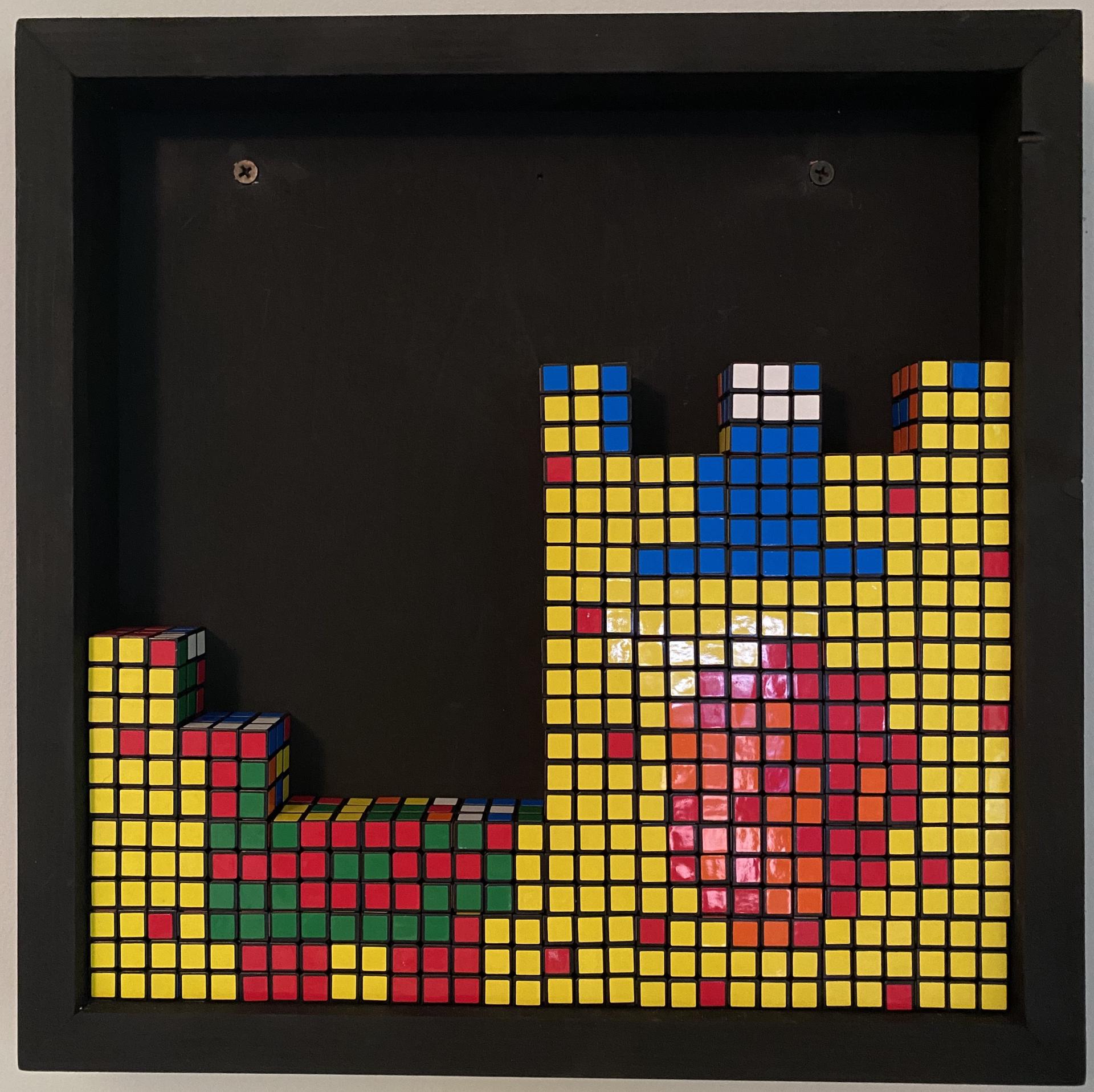 Some Rubik's Cubes filling up the bottom of a frame
